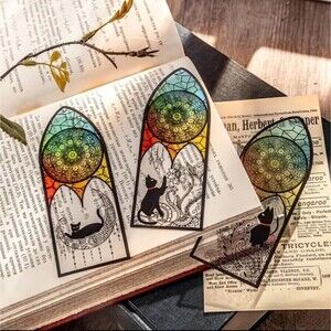 Black Cat stain glass mandala book marks plastic place holders